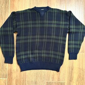 Vintage Woods & Gray Plaid Knit Sweater Mens L Cotton Green Black 90s